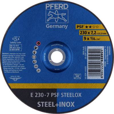 Brusna ploča Pferd, model E 230-7 PSF STEELOX, za čelik i inox, pogodan za 230 x 7,2 x 22,23 mm, 6600 o/min.