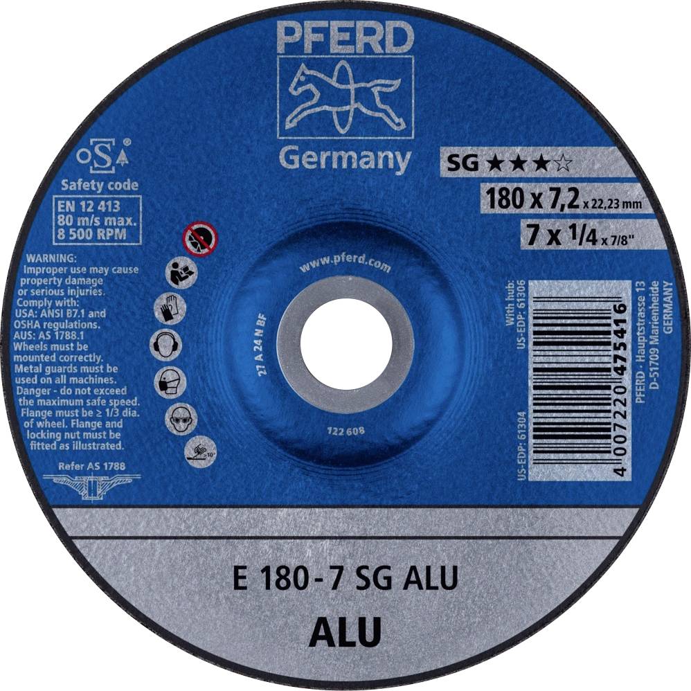 Brusni disk PFERD-a sa specifikacijama: promjer 180 mm, debljina 7,2 mm, maksimalno 80 m/s, 8.500 okretaja u minuti. Pogodan za aluminij.