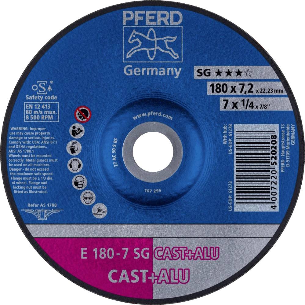 Plavo-crni brusni disk s natpisom 'PFERD Germany', promjera 180 mm, pogodan za ljev i aluminij.