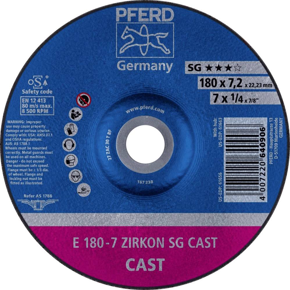 Brusna ploča 'PFERD'-a, plava, za obradu metala. Tip: E 180-7 Cirkón SG Cast. Dodatni podaci: 180 x 7,2 x 22,23 mm.