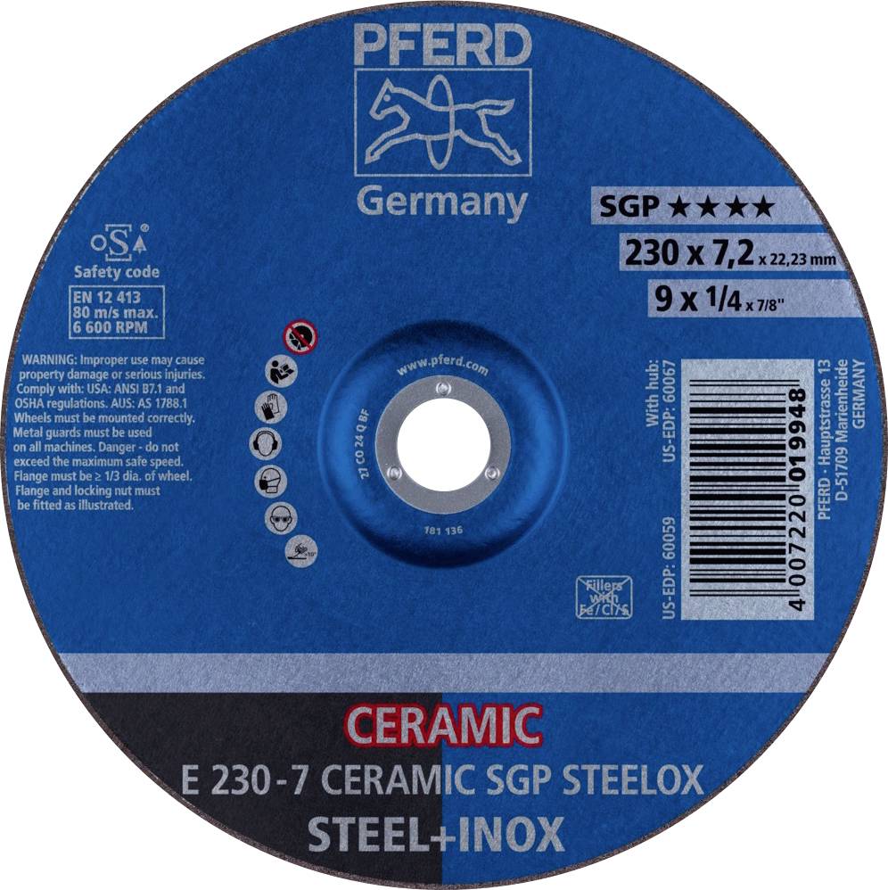 Plava brusna ploča za čelik i nehrđajući čelik s natpisom 'CERAMIC E 230-7 CERAMIC SGP STEELOX'. Proizvođač: PFERD Germany.