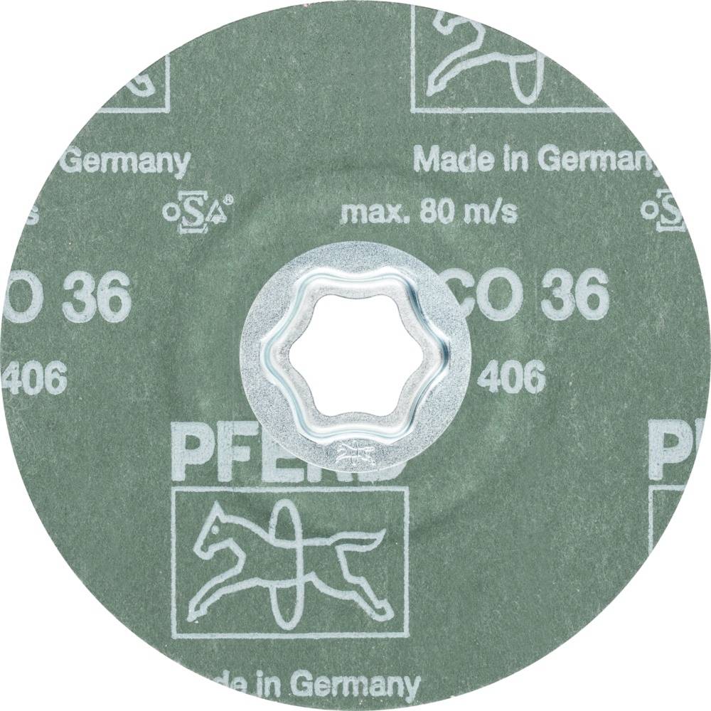 'Brusni disk zelene boje s natpisom: Made in Germany, max. 80 m/s, CO 36, PFERD, ISO 406.'