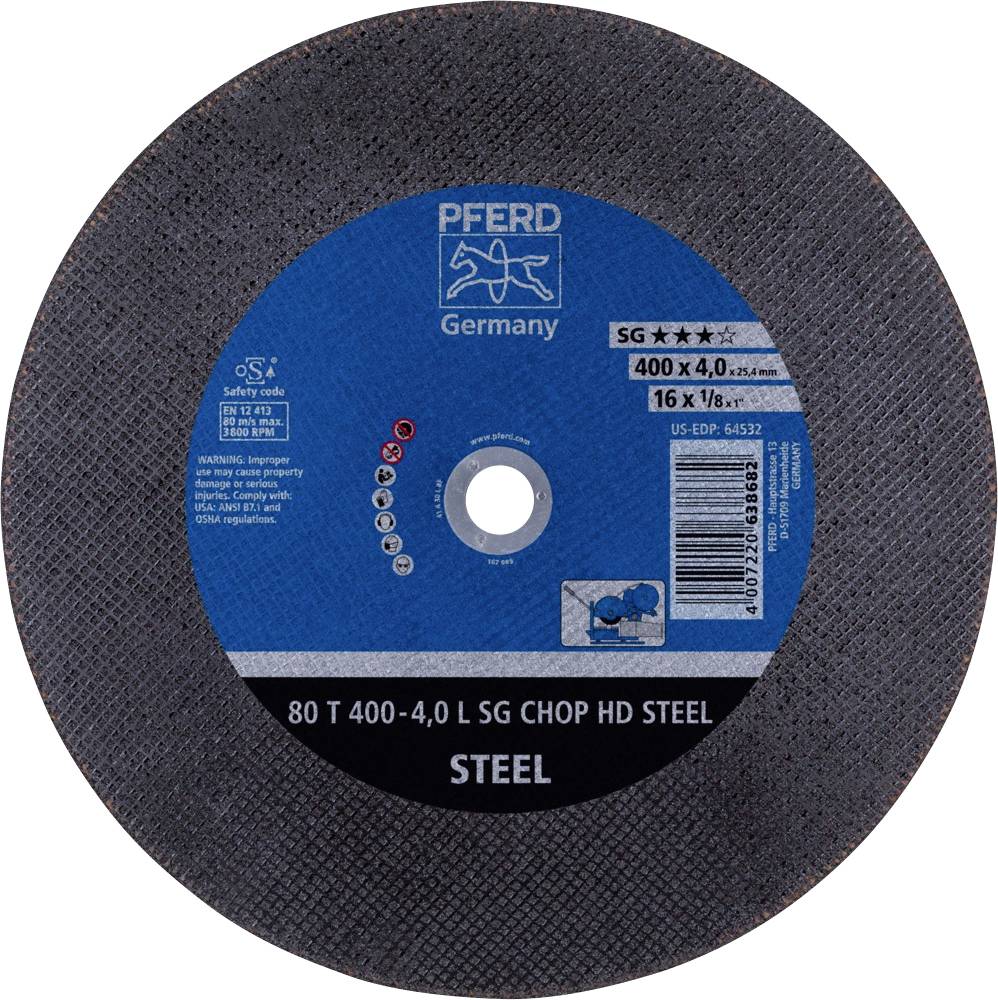 Brusna ploča s plavim središtem, naziv marke 'Pferd' i natpis 'SG CHOP HD STEEL', dimenzije 400 x 4,0 mm, za obradu metala.