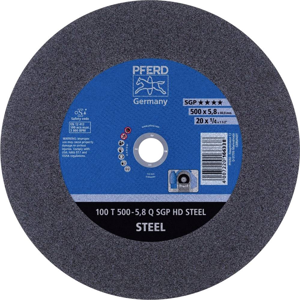Brusni disk PFERD-a, plava naljepnica sa specifikacijama: '100 T 500-5,8 Q SGP HD STEEL'. Pogodan za obradu čelika.