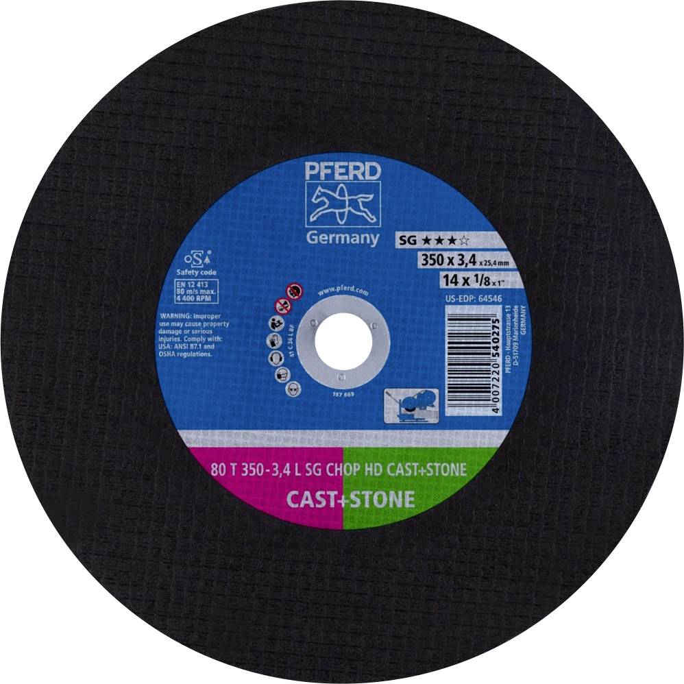 Brusni disk PFERD-a, model 350x3,4 mm, pogodan za čelik, otisnut specifikacijama i sigurnosnim informacijama.