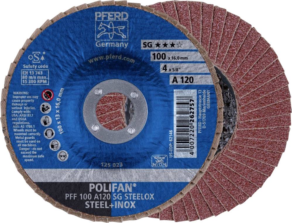 Brusna ploča s crvenom brušnom površinom i plavom etiketom. Natpis: 'POLIFAN PFF 100 A120 SG STEELOX STEEL-IN0X'.