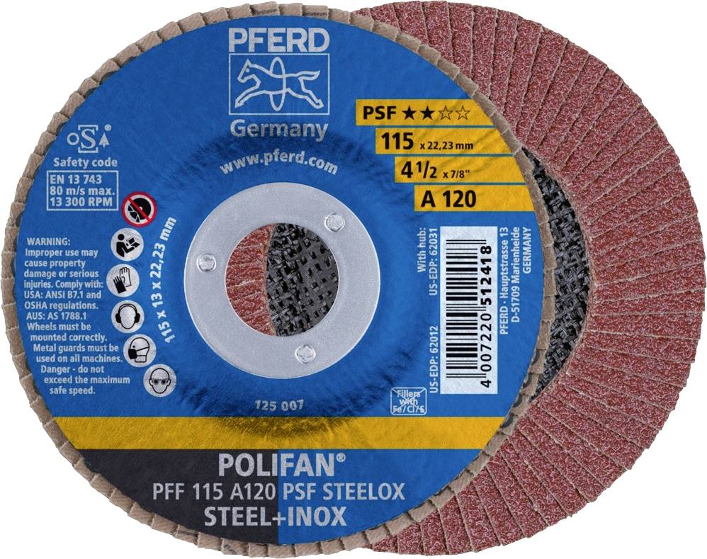 PFERD TOOLS 67649115 PFF 115 A 120 PSF STEELOX Lamellenschijf Diameter 115 mm Boordiameter 22.23 mm Korrelgrootte (num) 120 RVS, Staal 10 stuk(s)