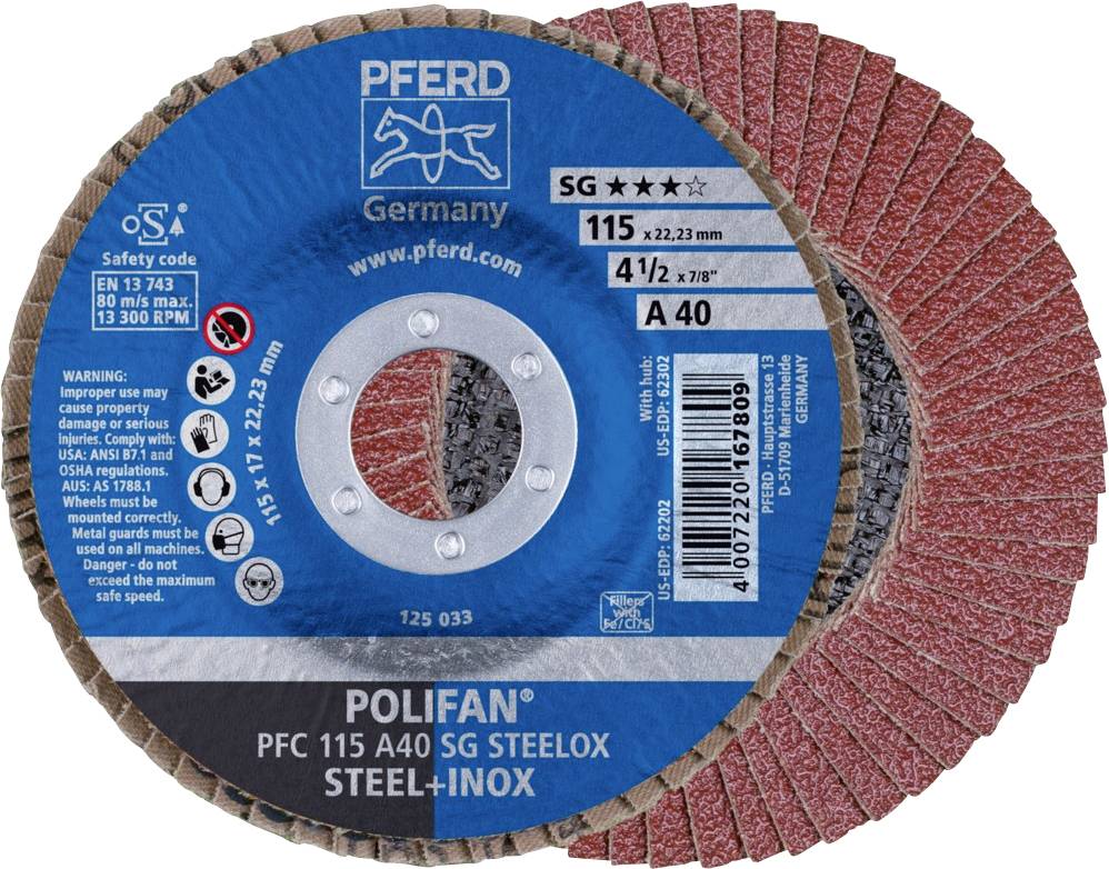 PFERD TOOLS 67744115 PFC 115 A 40 PSF STEELOX Lamellenschijf Diameter 115 mm Boordiameter 22.23 mm Korrelgrootte (num) 40 RVS, Staal 10 stuk(s)