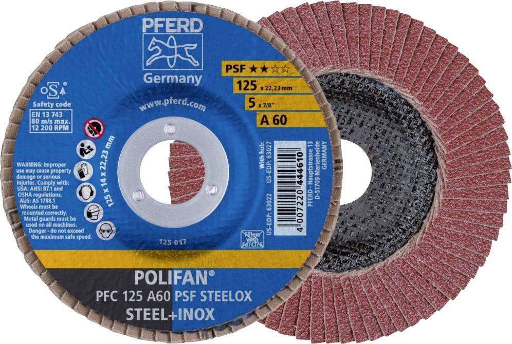 Brusni disk PFERD-a, model POLIFAN. Označen natpisom 'STEEL + INOX', promjera 125 mm. Sadržava sigurnosne informacije i norme.