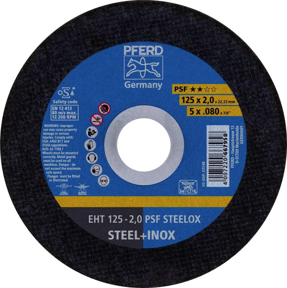 Brusna ploča Pferd za nehrđajući čelik, 125 x 2,0 mm, PSF Steelox, maks. 12.200 o/min; s informacijama o sigurnosti i certifikaciji.