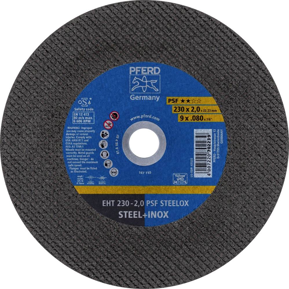 Brusni disk Pferd za čelik i nehrđajući čelik, promjer 230 mm, debljina 2,0 mm, PSF Steelox, plava naljepnica s specifikacijama proizvoda.