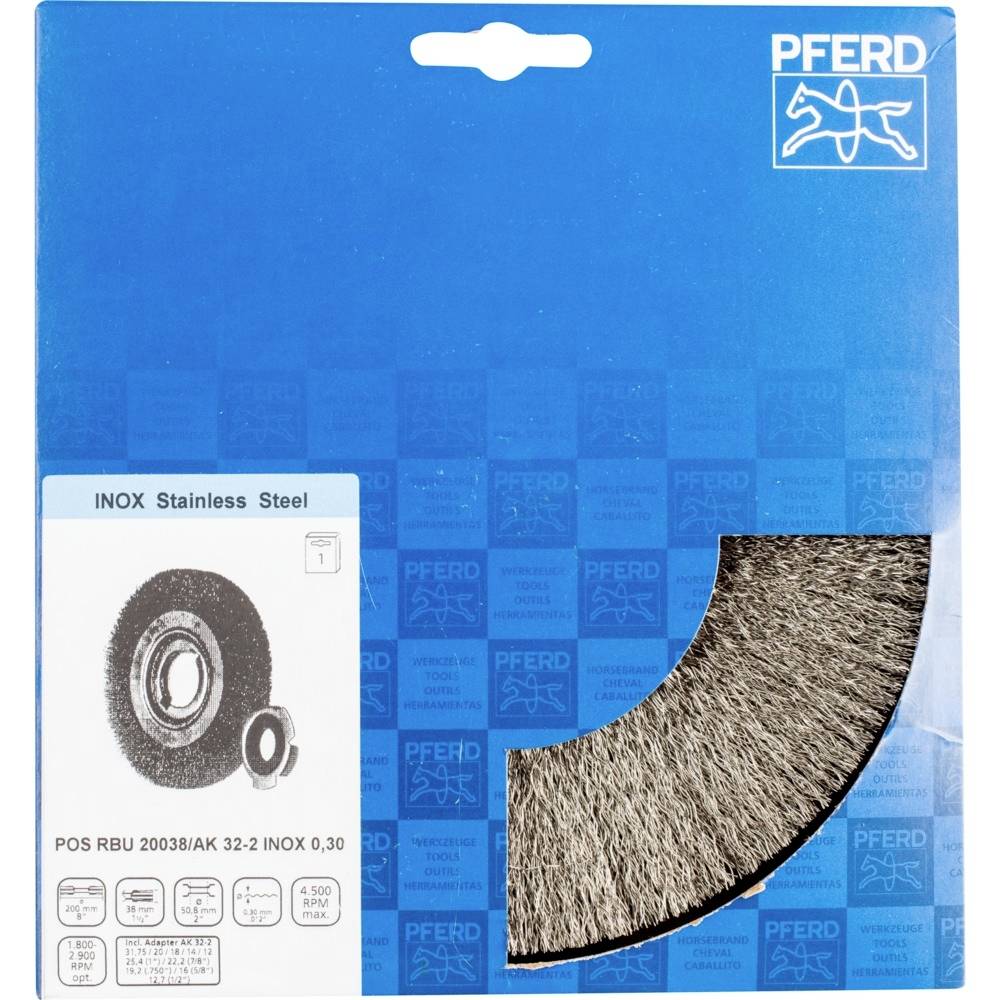 PFERD INOX Nehrđajući čelični komplet četki prikazan u plavoj kutiji sa dvije žičane četke. Sadrži specifikacije za POS RBU 20038.