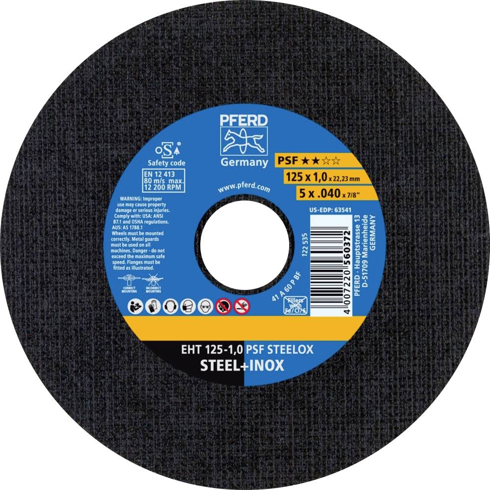 Brusna ploča marke PFERD, model PSF Steelox, promjera 125 mm, pogodna za čelik i nehrđajući čelik, brzina vrtnje do 12.200 okretaja u minuti.