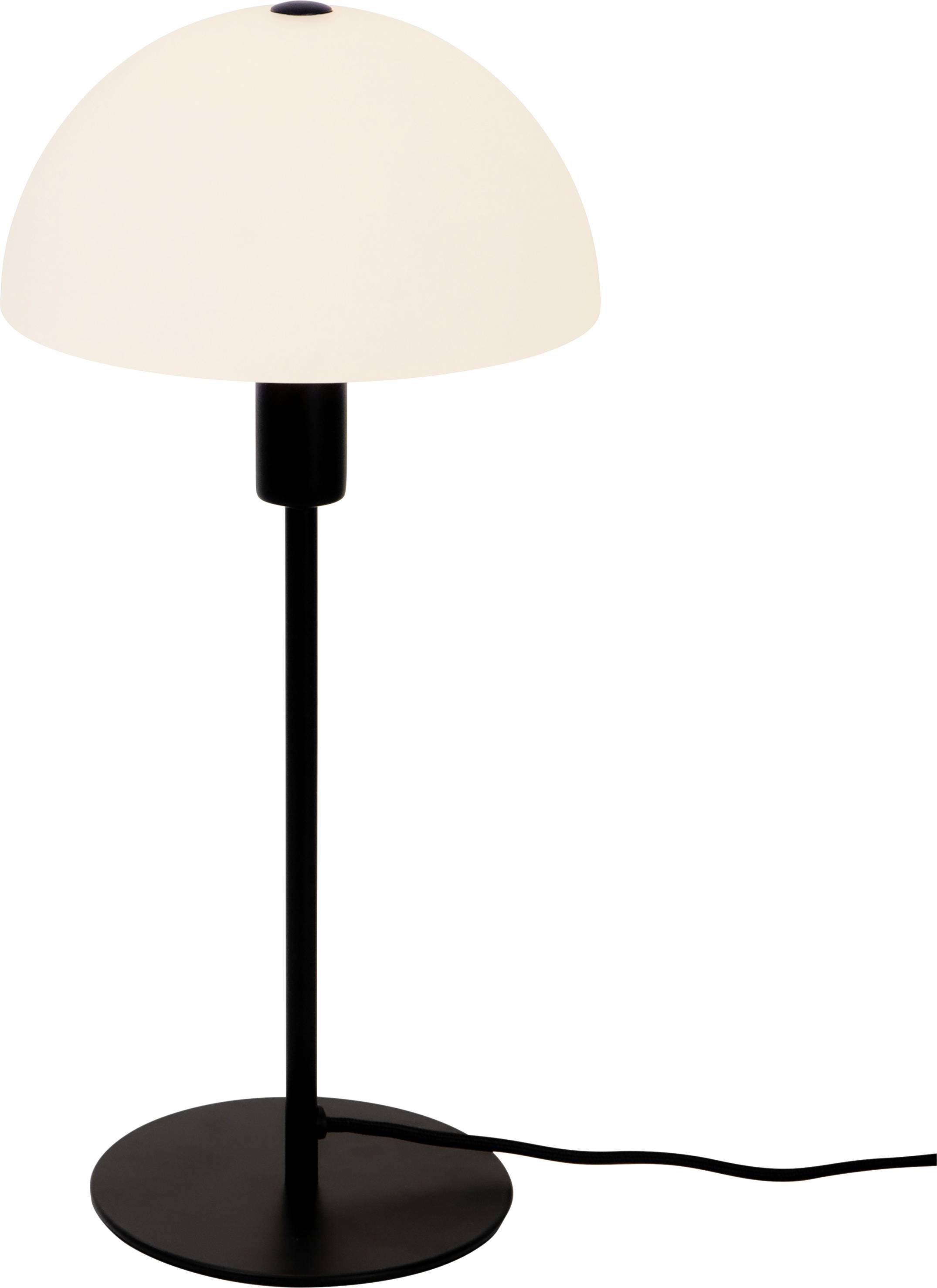 Moderna stolna lampa s crnim postoljem i okruglim, bijelim sjenilom. Ima jednostavan, minimalistički dizajn.