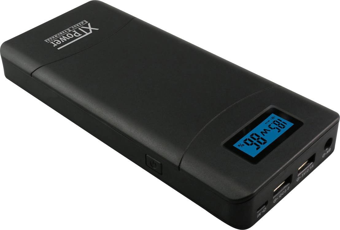 Prijenosni punjač s digitalnim zaslonom koji prikazuje '18.5V 98%', dva USB priključka i gumbom za uključivanje/isključivanje, crnog dizajna.