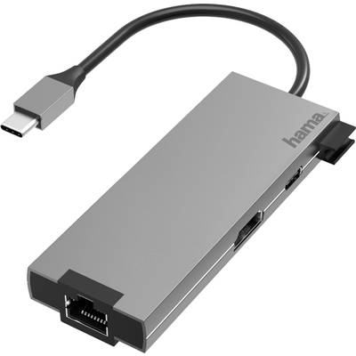 Sivo-crni USB-C hub s više priključaka, uključujući Ethernet, USB i HDMI. Pogodan za proširenje priključaka na uređaju.