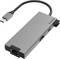 Sivo-crni USB-C hub s više priključaka, uključujući Ethernet, USB i HDMI. Pogodan za proširenje priključaka na uređaju.