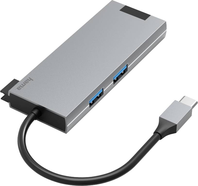 Srebreni USB-C hub adapter s četiri priključka, uključujući USB i HDMI, na crnom kabelu. Idealan za povezivanje uređaja.