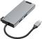 Srebreni USB-C hub adapter s četiri priključka, uključujući USB i HDMI, na crnom kabelu. Idealan za povezivanje uređaja.