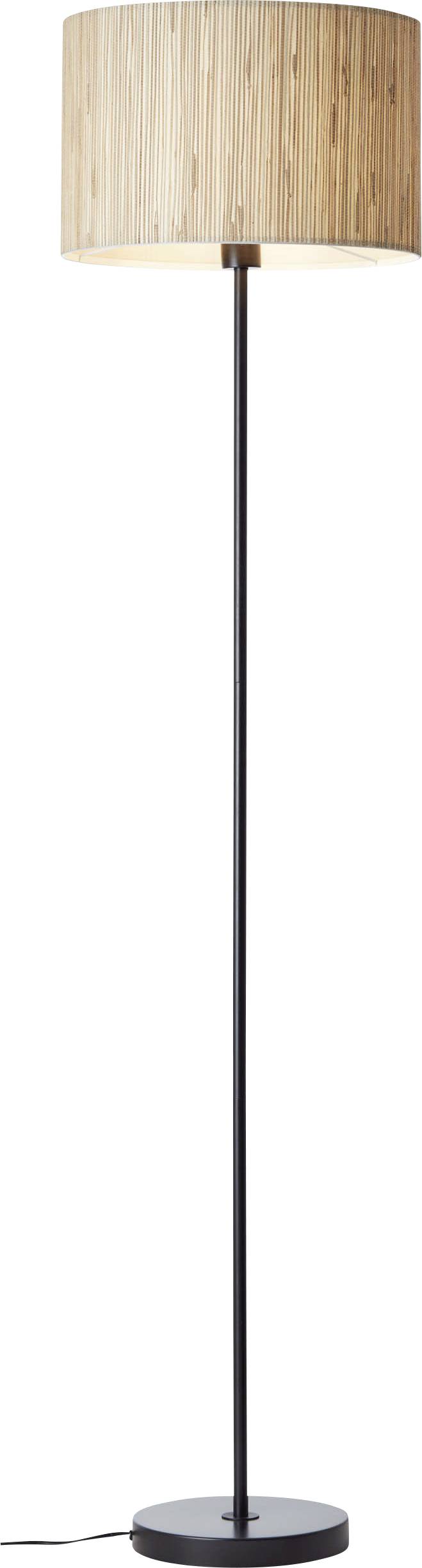 Stolna lampa sa jednostavnim, crnim postoljem i cilindričnim sjenilom u boji pijeska napravljenim od prirodnog materijala.