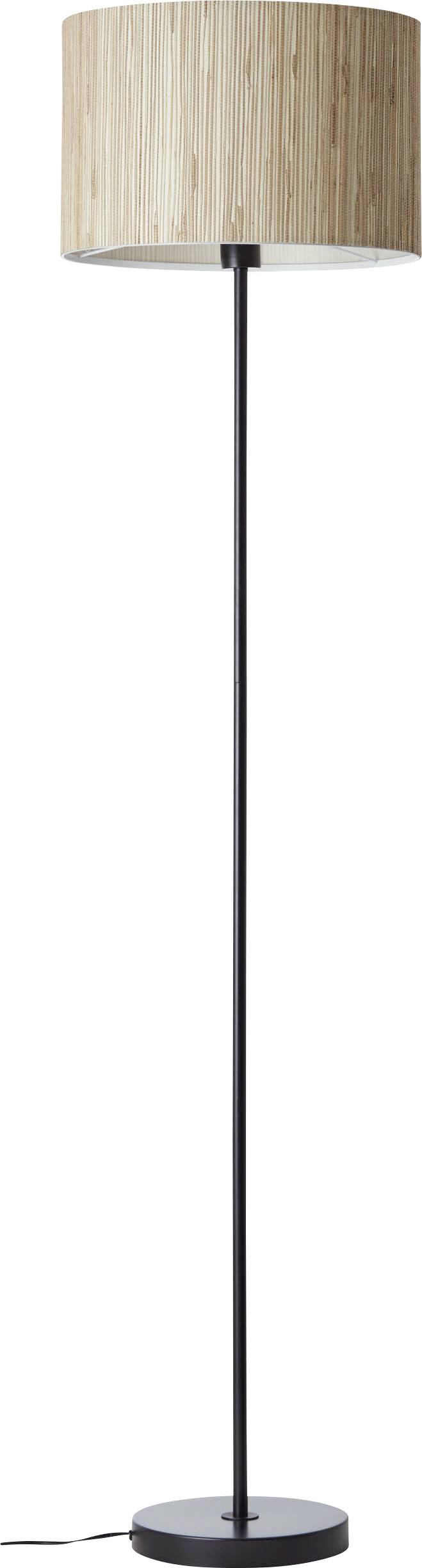 Podna lampa s crnim postoljem i okruglim sjenilom od furnira. Minimalistički dizajn, pogodan za moderni interijer.