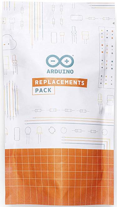 Komplet zamjenskih dijelova s Arduino logotipom. Na ambalaži se nalaze crteži elektroničkih komponenti poput otpornika i LED-dioda.