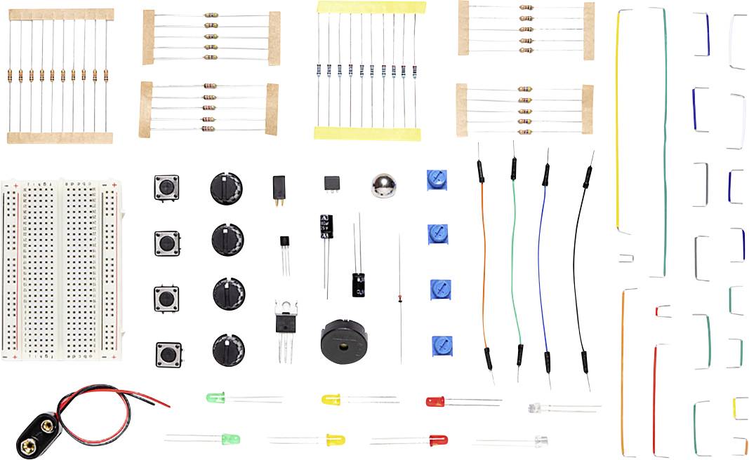 Elektronički komplet komponenata s otpornicima, sklopkama, LED-ovima, kondenzatorima i spojnim kabelima, pogodan za DIY projekte.
