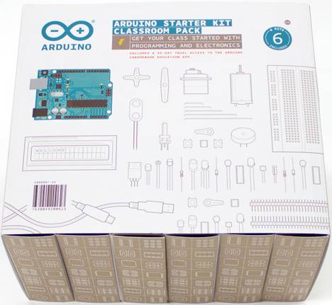 Arduino Starter Kit Classroom Pack Kutija s elektroničkim komponentama i prikazima dijelova. Tekst: 'Pokrenite razred u programiranju i elektronici'.