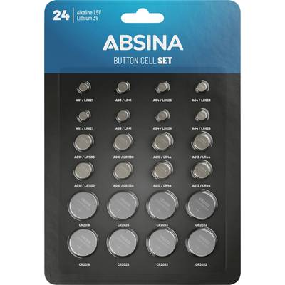 Pakiranja s 24 gumbaste baterije marke Absina, poredane u blister pakiranju. Sadrži alkalne 1,5V i litijske 3V baterije.