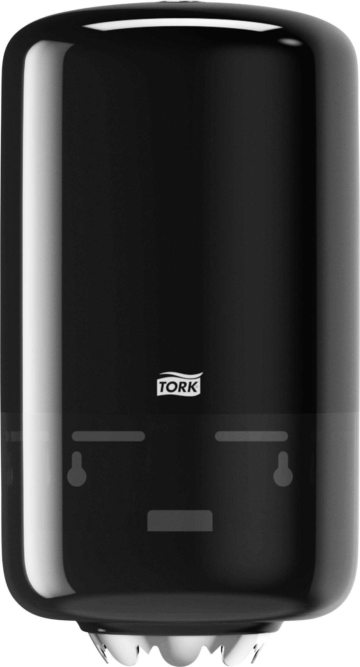 Crni dozator za papirnate ručnike s logotipom 'Tork' na vrhu. Dozator ima gladak, moderan dizajn i montira se na zid.