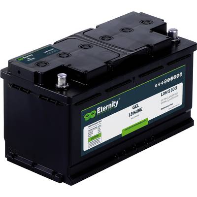 Crna gel-baterija tvrtke Eternity za slobodno vrijeme. Broj modela LO612803, 12V, 80Ah. Pogodna za rekreacijska vozila i plovila.