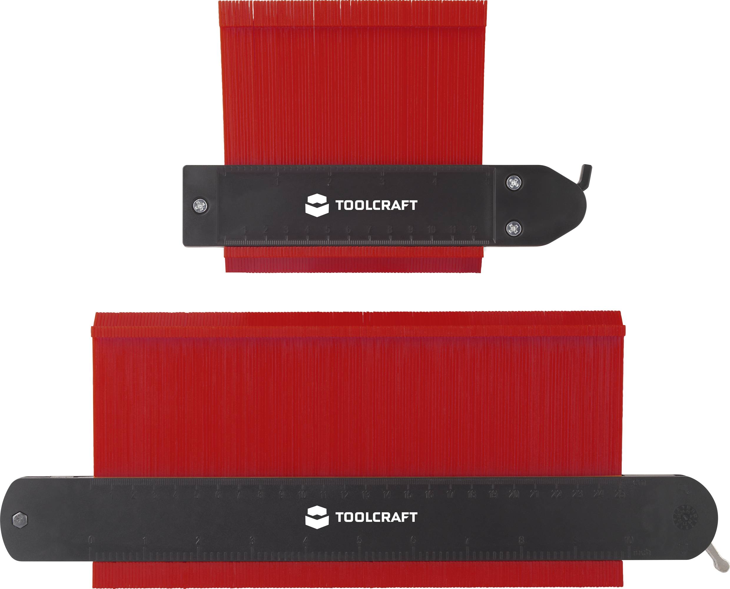 Dvije crvene plastične konturne mjerne šablone s crnim ručkama i logotipom 'TOOLCRAFT'. Manja i veća šablona postavljene su jedna uz drugu.
