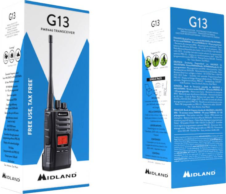 Ambalaža Midland G13 PMR446 prijenosne radio postaje. Prednja strana prikazuje uređaj s natpisom 'BESPLATNA UPOTREBA, BEZ POREZA!', stražnja strana s tehničkim detaljima i slikama.