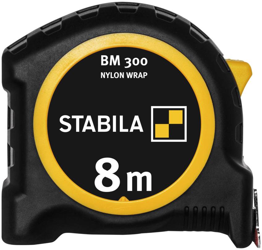 Mjerna vrpca s natpisom 'Stabila BM 300 Nylon Wrap 8 m', u crnoj i žutoj boji.