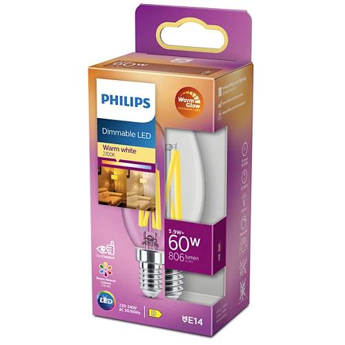 LED žarulja Philips snage 9,5 W s mogućnošću prigušivanja i E14 postoljem, tople bijele boje, 806 lumena, zamjenjuje 60W klasične žarulje. Pakiranju je prikazan izgled proizvoda i njegovi karakteristični elementi.