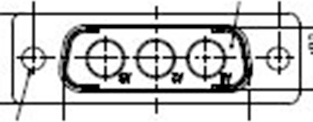 Tehnički nacrt pravokutnog konektora s tri okrugla priključka u sredini; označene mjere i otvori.