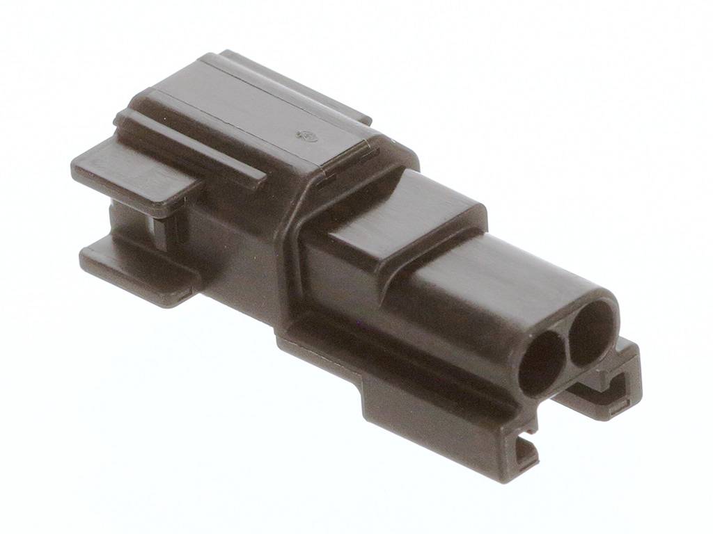 Crni plastični utikač s dva okrugla utora, pogodan za električne spojeve u elektroničkim uređajima.