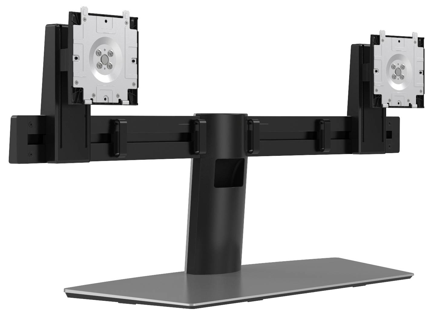 Nosač za dva monitora s podesivim konzolama na čvrstoj bazi, dizajniran za postavljanje dvaju ravnih zaslona u radnom prostoru.