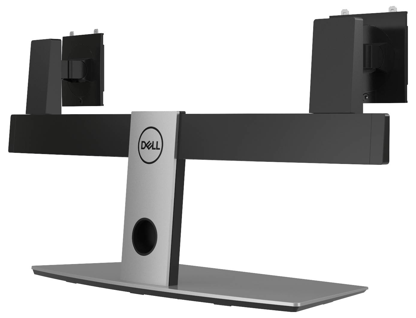 Stalak Dell za dva monitora s dva VESA nosača, projektiran za držanje dva monitora, s centralnim nosačem i širokom, stabilnom bazom.