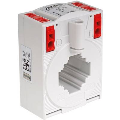 Bijeli električni strujni pretvarač s crvenim priključcima i QR kodom sa strane.