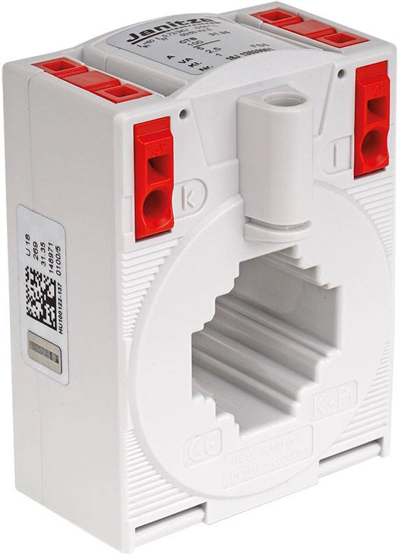 Bijeli strujni transformator s crvenom priključnom stezaljkom, oznakama proizvoda i QR kodom. Koristi se za mjerenje ili izolaciju u električni sustavima.