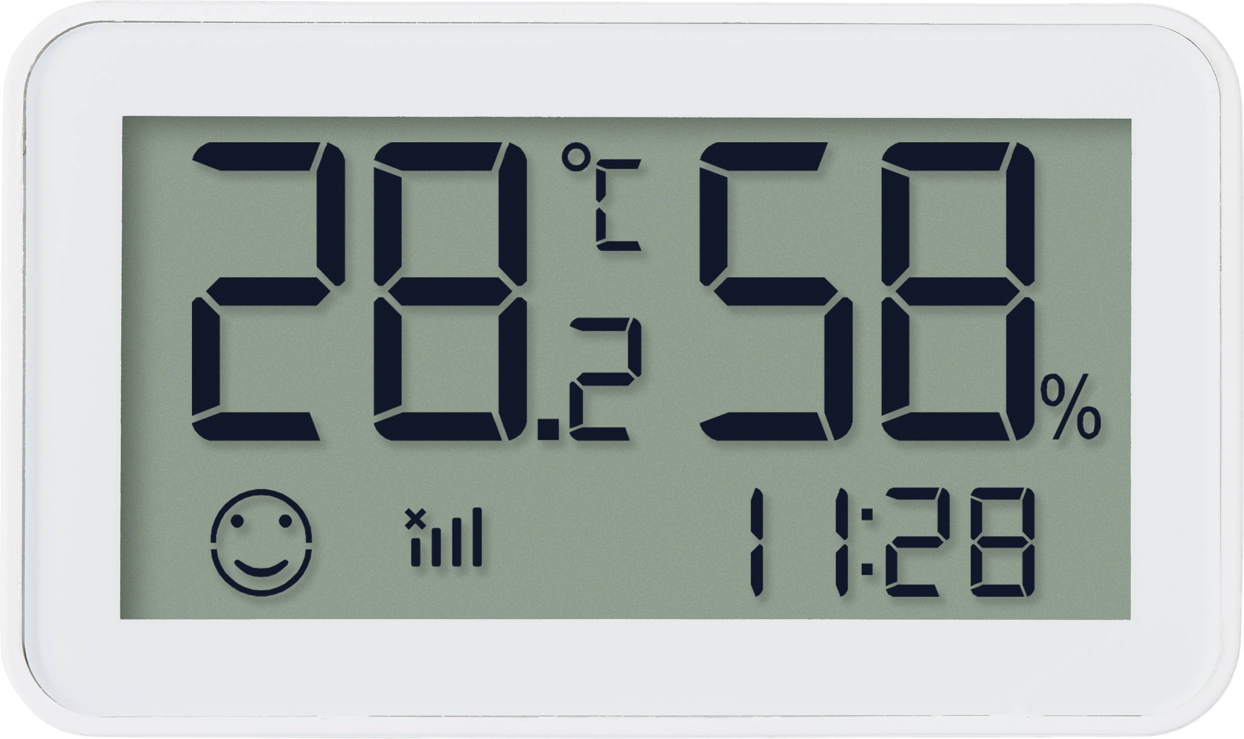Elektronički zaslon prikazuje '28°C, 50% vlažnosti' s nasmiješenim licem, simbolom signalne jačine i vremenom '11:28'.