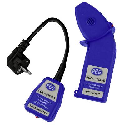 Kompletan set identifikatora Blue PCE sklopnika sa predajnikom, prijemnikom i adapterom sa utikačem na bijeloj pozadini.