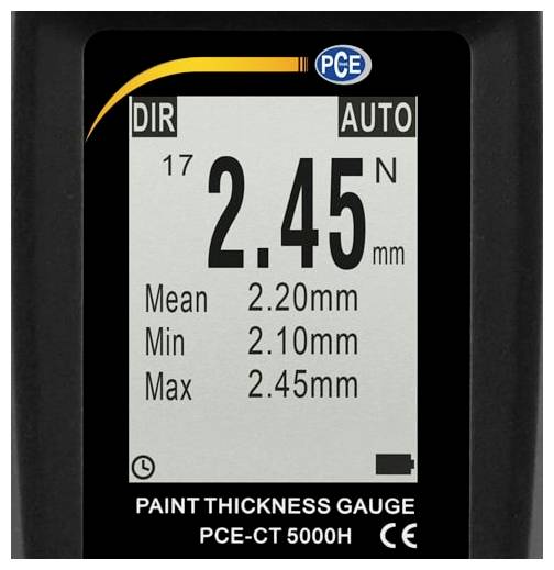Digitalni mjerač debljine premaza prikazuje '2,45 mm' sa Srednja vrijednost 2,20 mm, Min 2,10 mm, Maks 2,45 mm i pokazivačima DIR/AUTO.