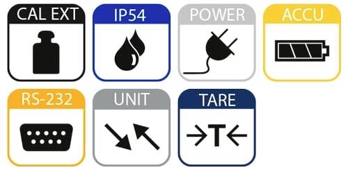 Panel ikona koji prikazuje sedam označenih indikatora: 'CAL EXT', 'IP54', 'POWER', 'ACCU', 'RS-232', 'UNIT', i 'TARE'.