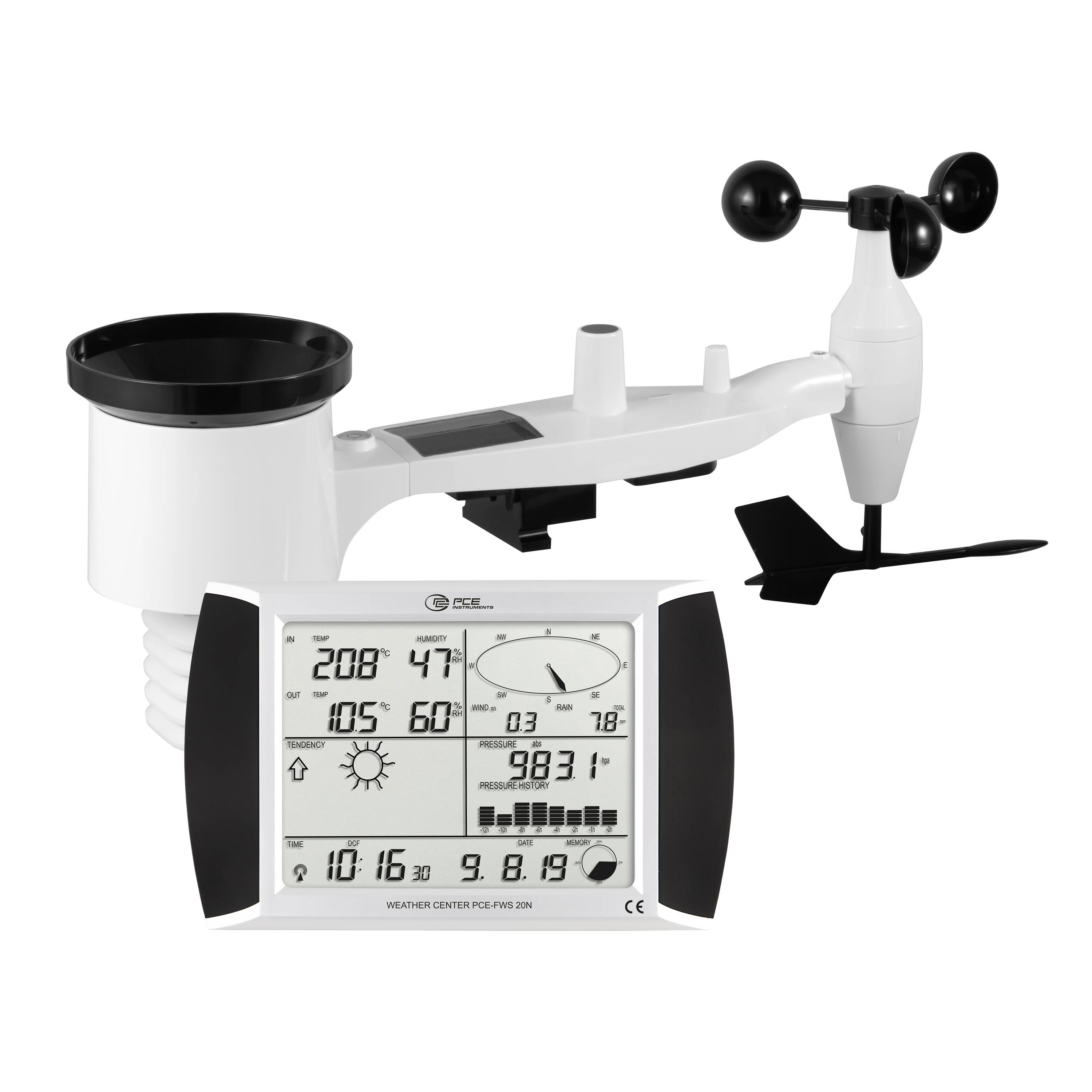 Bežična meteorološka stanica sa vanjskim senzorom, anemometrom i digitalnim unutarnjim zaslonom koji prikazuje temperaturu, vlagu zraka, tlak i vrijeme.