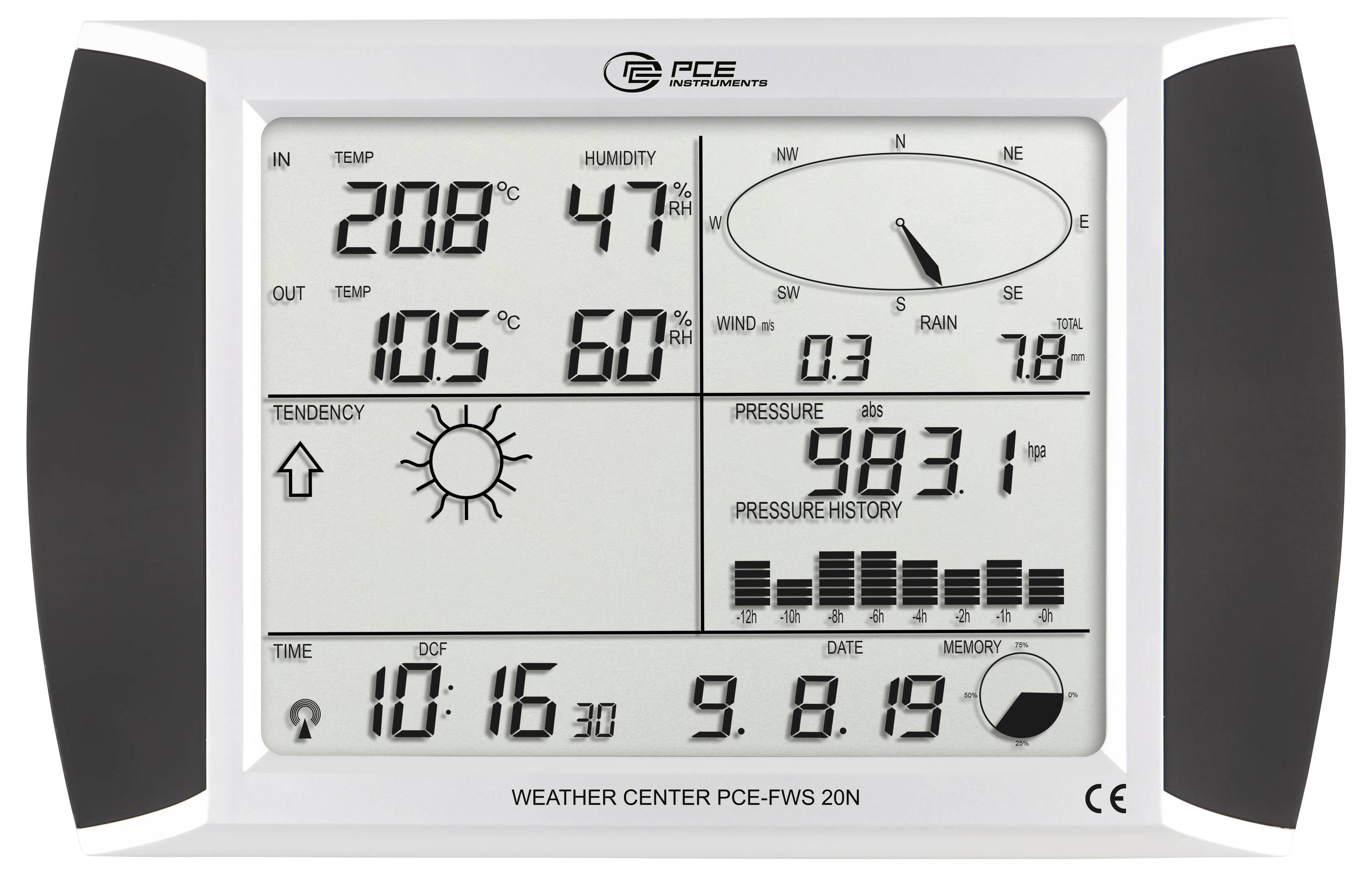 Digitalni prikaz meteorološke postaje koji pokazuje temperaturu unutar i vani, vlagu, smjer i brzinu vjetra, količinu padalina, pritisak, ikonu prognoze i vrijeme/datum.