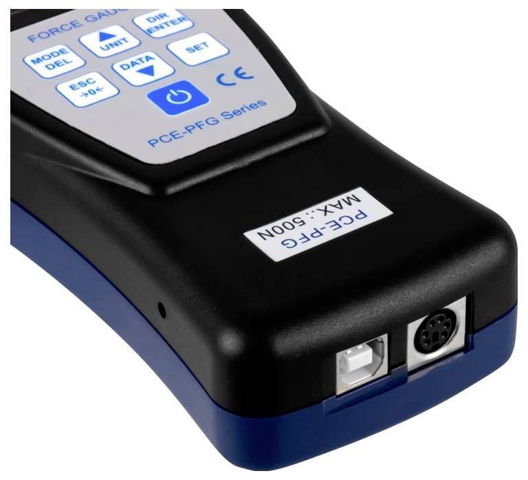 Ručni mjerni instrument PCE-PFG serije za mjerenje sile s prikazom i kontrolnim gumbima, označen maksimalno 500N, prikazuje USB i okrugle priključne portove.