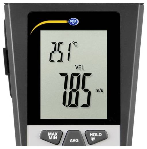 Digitalni prikaz anemometra s temperaturom od 25,1°C i brzinom vjetra VEL 7,85 m/s, sa vidljivim gumbima MAX/MIN, AVG i HOLD.