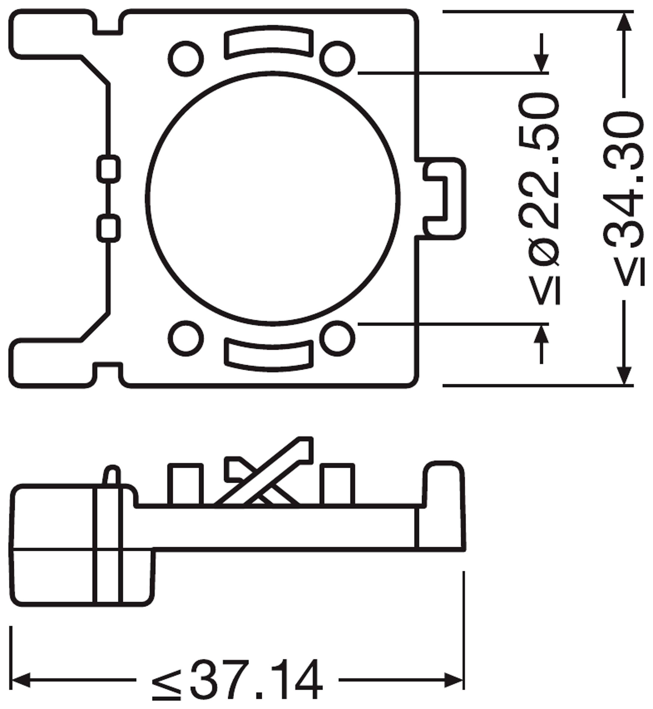 Tehnički nacrt pravokutnog objekta s kružnim izrezom. Dimenzije: maksimalni promjer 22,50 mm, ukupna širina maksimalno 37,14 mm.